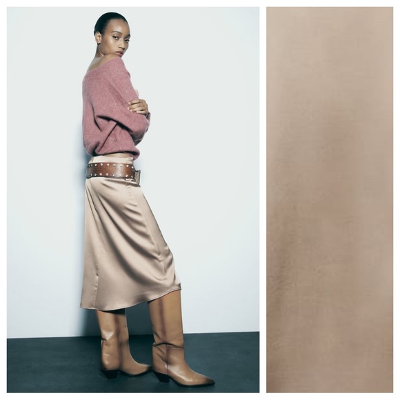 NWT. Zara Beige-Pink Satin A-Line Silhouette High Waist Midi Skirt Size M. - Picture 5 of 12